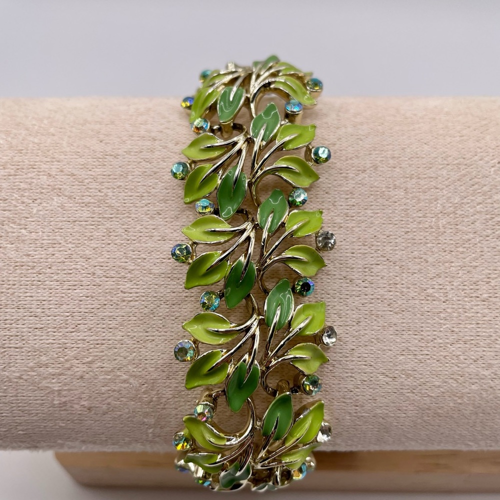 Vintage Rhinestone Bracelet Enamel Green Leaf Signed STAR